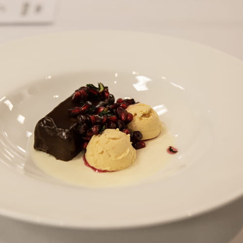 Brownies Glazed with Orange Chocolate Ganache Eggnog Panna Cotta and Coconut Sriracha Lime Ice Cream - Recipe