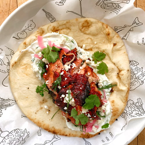 Tandoori Chicken Naan Bread Wrap with Cucumber Raita Pickled Onions Feta Herb Salad - Recipe