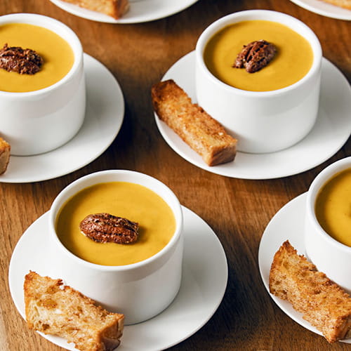 Butternut Squash Soup Shots with Spiced Pecans and Cinnamon Croutons - Recipe