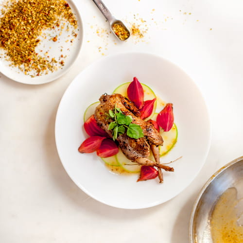 Fig Stuffed Quail with Sherry Vinegar Pickled Beets and Apple Salad - Recipe