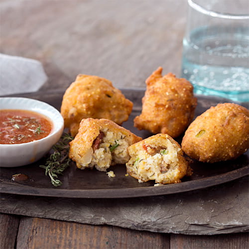 Hominy Fritters with Bacon Thyme Dipping Sauce - Recipe