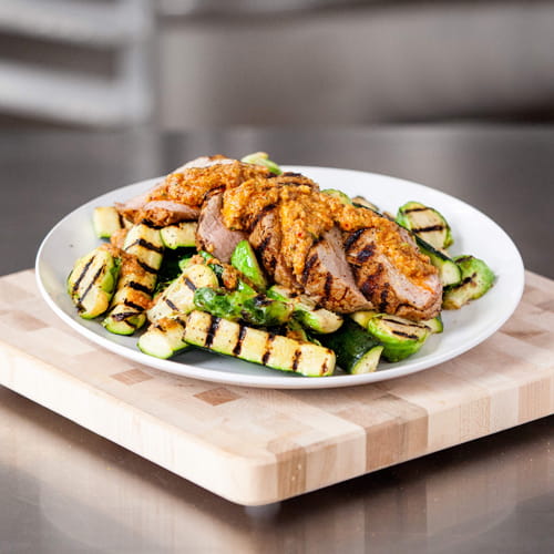 Grilled Pork Tenderloin with Charred Summer Romesco and Grilled Brussels Sprouts - Recipe