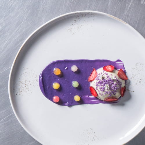 Green Tea Panna Cotta with Candied Boba Ube Cookie Cream Dehydrated Strawberry - Recipe