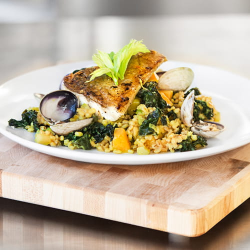 Pan Roasted Pickerel Maple Bacon Spiced Kale and Barley Risotto - Recipe