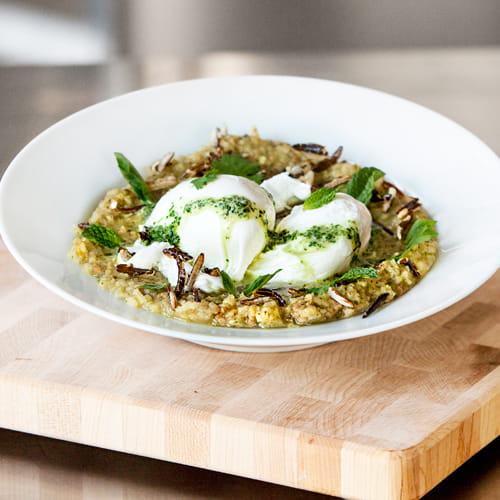 Thai Green Curry Congee with Thai Sausage Poached Eggs and Puffed Rice - Recipe