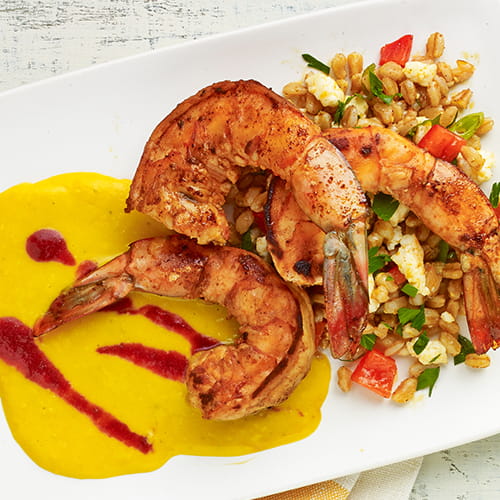 Shrimp with Roasted Corn Puree and Farro Salad - Recipe