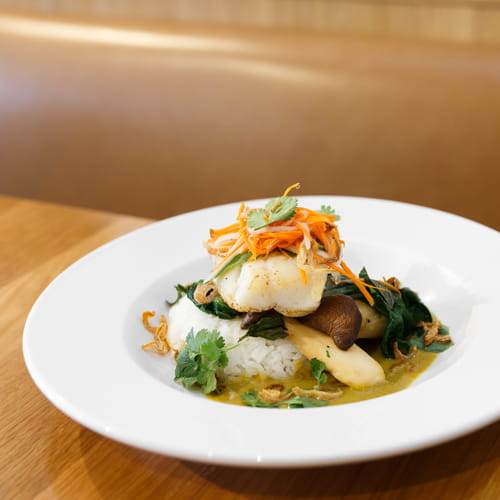 Lingcod with Bok Choy King Oyster Mushroom in a Spicy Green Coconut Curry Sauce - Recipe