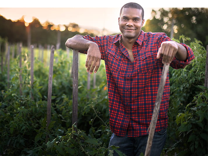 Farmer in red plaid shirt