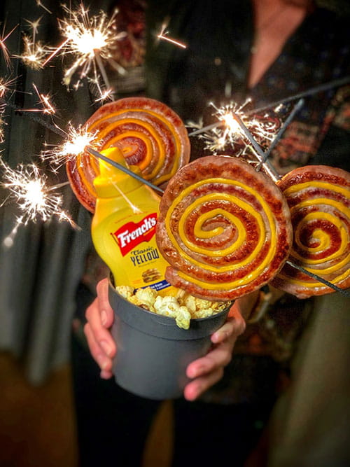 Bonfire Night ‘Catherine Wheel’ Bangers in a Mustard Popcorn Pot