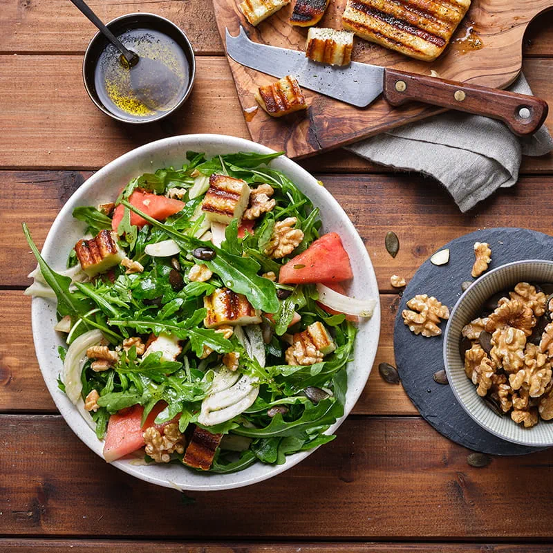 Halloumi-Rucola-Salat mit Melone