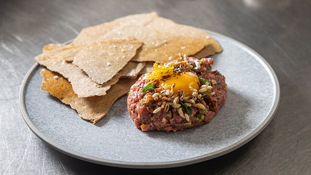 Dave Bohati Dijon Lamb Tartare with Puffed Wild Rice