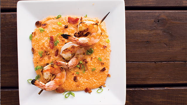 Spicy Shrimp and Crabby Grits with Smoky Tomato Broth
