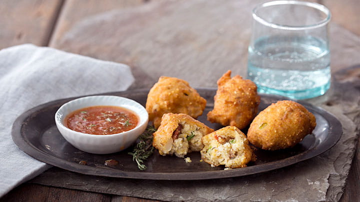 Hominy Fritters with Bacon Thyme Dipping Sauce