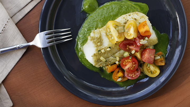 Matcha Baked Cod with Spinach Pesto and Tomato Salad