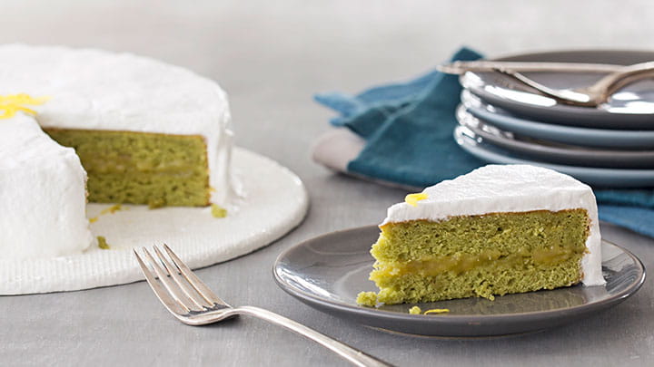 Matcha Green Tea Cake with Lemon Meringue Frosting