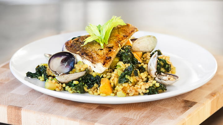 Roasted Pickerel and Spiced Kale with Barley Risotto