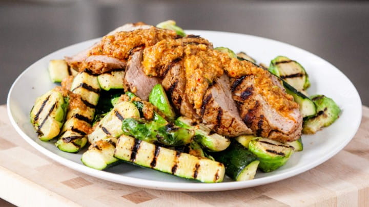 Pork Tenderloin with Summer Romesco and Brussels Sprouts