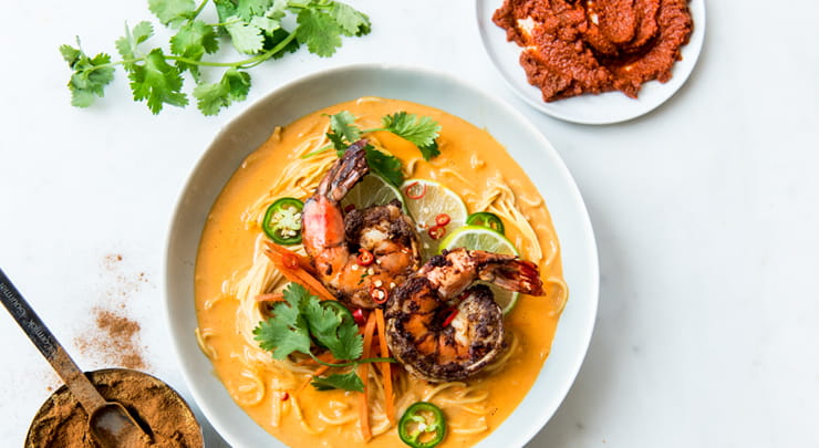 Red Curry Noodle Bowl with Spice Rubbed Shrimp