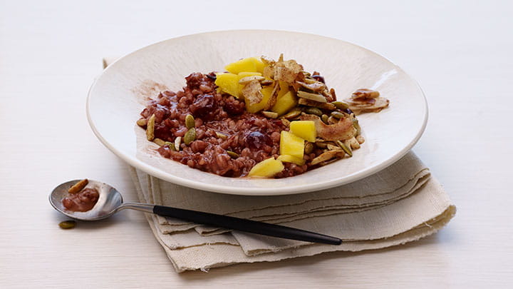 Red Rice and Barley Congee with Mango and Coconut