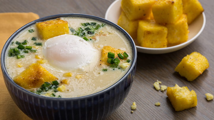 Sweet Corn Broth Bowl with Poached Egg