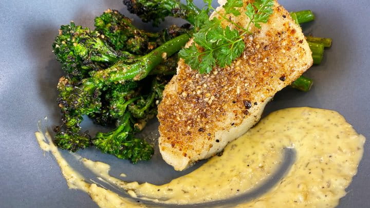 Dukkah Crusted Sea Bass with Charred Broccoli Rabe