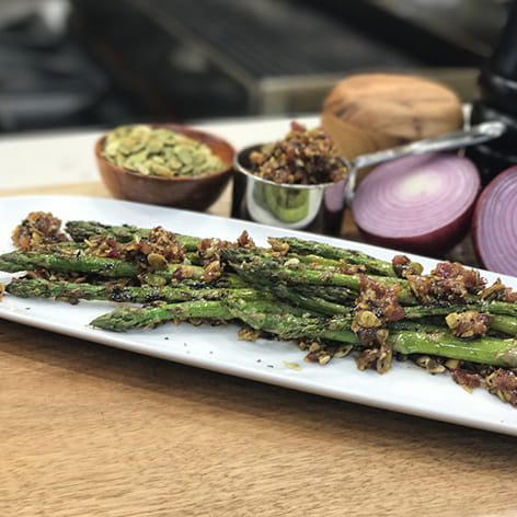 Barbecue Onion and Pepita Crusted Asparagus