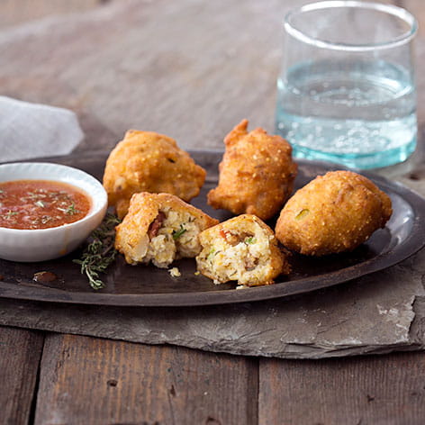 Hominy Fritters with Bacon Thyme Dipping Sauce