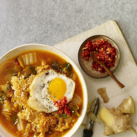 Kimchi Broth Bowl with Crispy Rice and Fried Egg