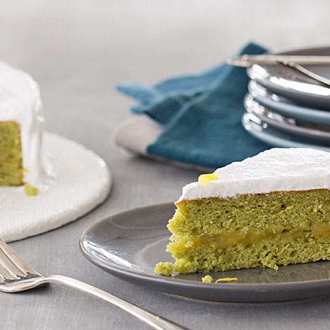 Matcha Green Tea Cake with Lemon Meringue Frosting