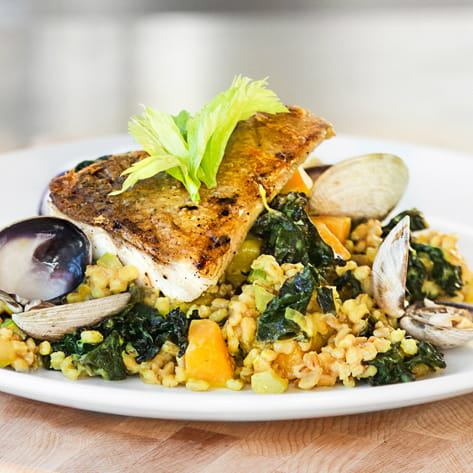Roasted Pickerel and Spiced Kale with Barley Risotto