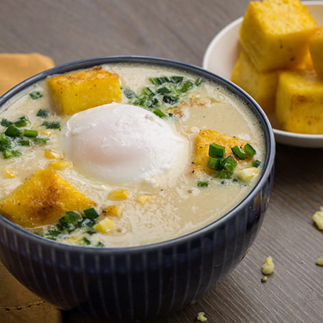 Sweet Corn Broth Bowl with Poached Egg