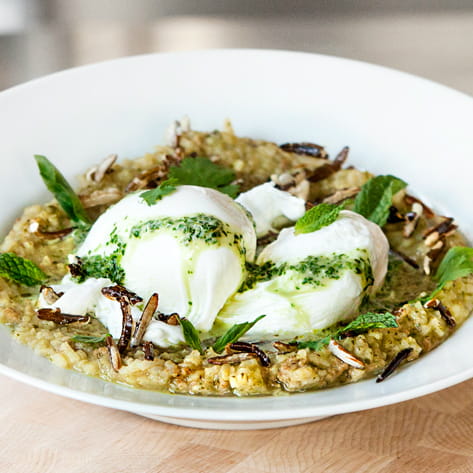 Thai Green Curry Congee with Thai Sausage Poached Eggs and Puffed Rice