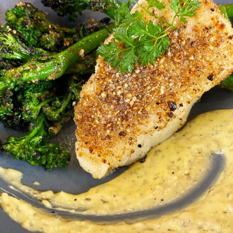 Dukkah Crusted Sea Bass with Charred Broccoli Rabe