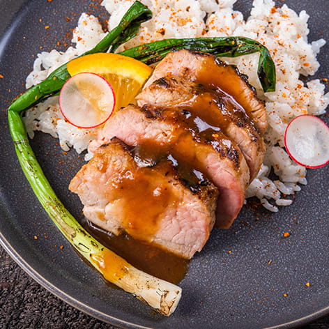 Miso Glazed Pork with Charred Scallions and Spicy Seasoned Rice