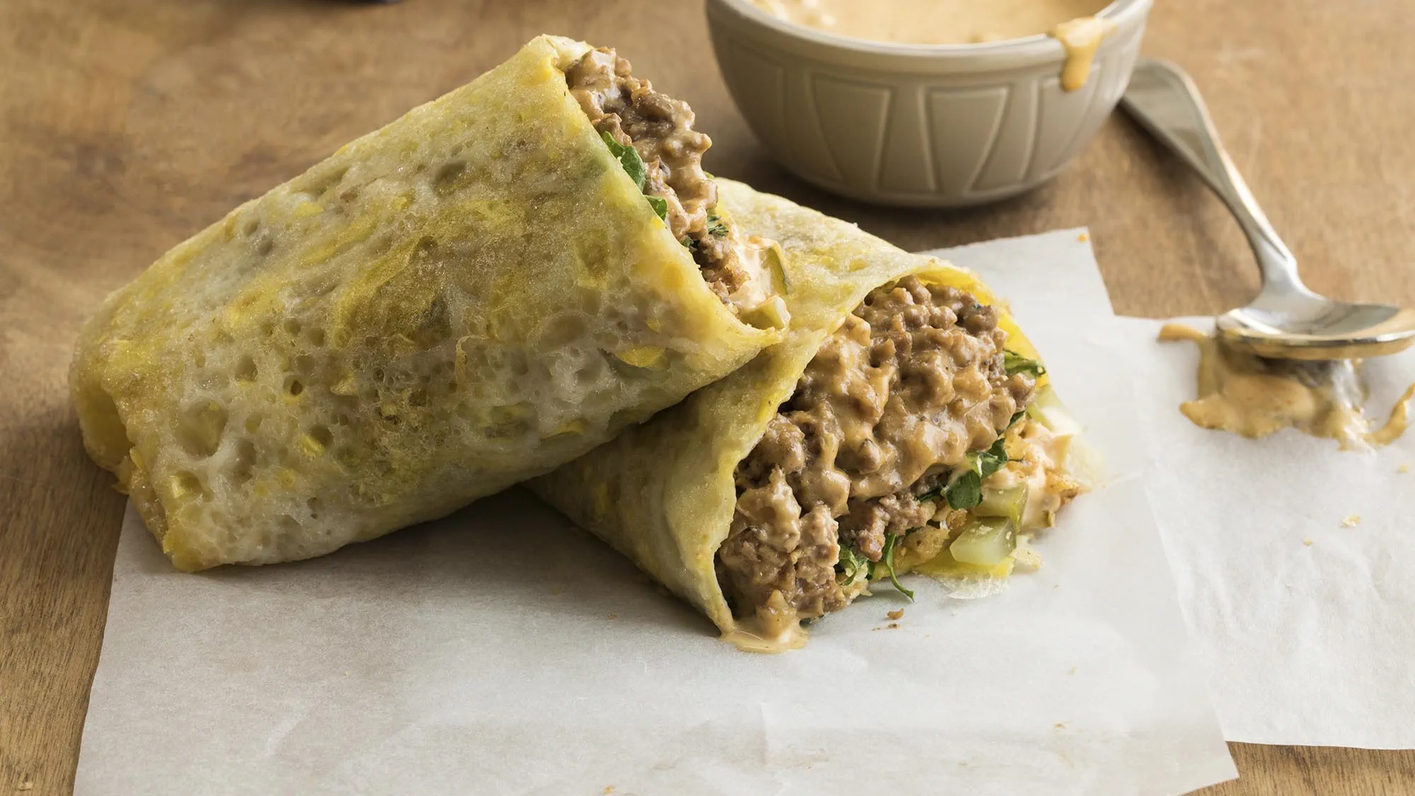 ASIAN EGG CREPES WITH NY STYLE CHOPPED CHEESE FILLING ASIAN EGG CREPES WITH NY STYLE CHOPPED CHEESE FILLING