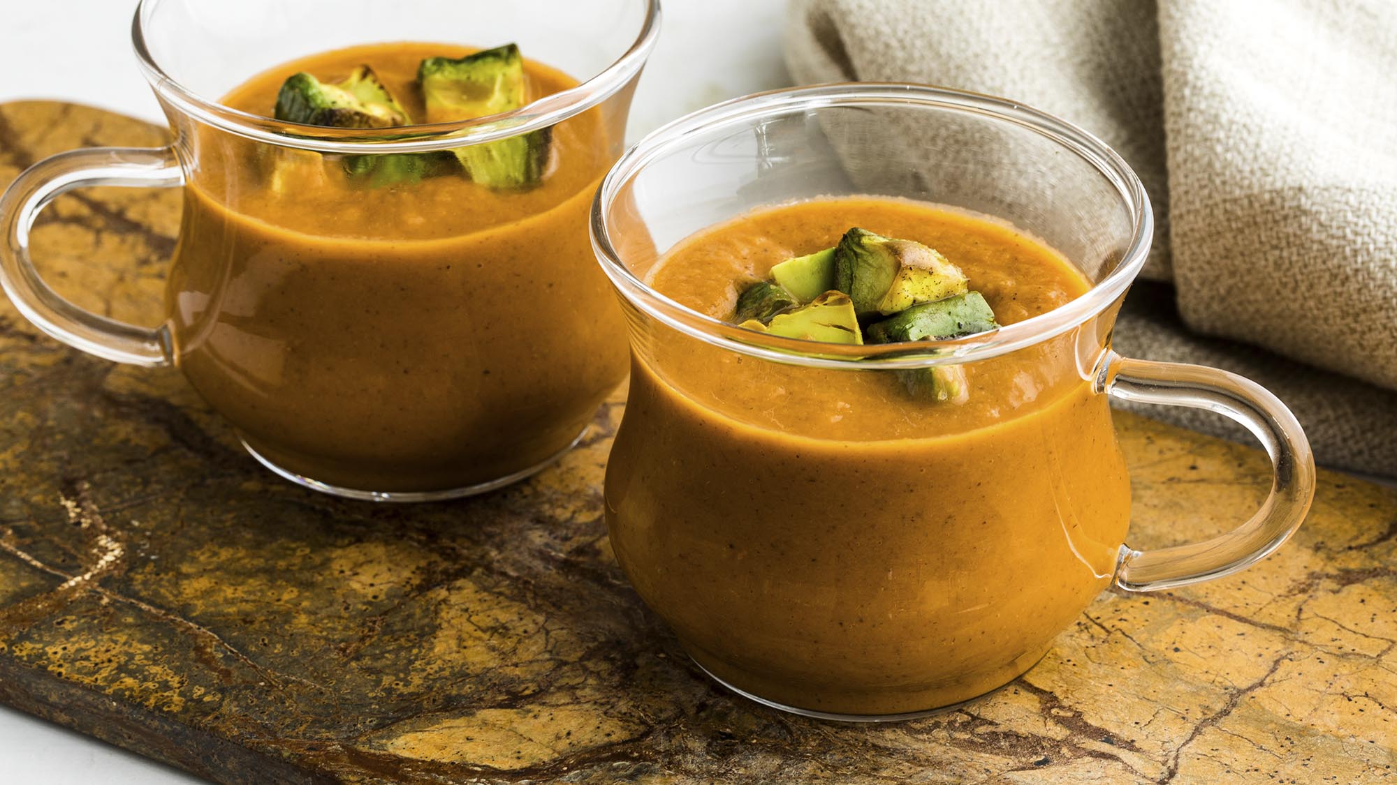 ROASTED VEGETABLE SOUP WITH ROASTED AVOCADO