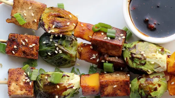 Tofu Butternut Squash and Brussels Sprout Skewers