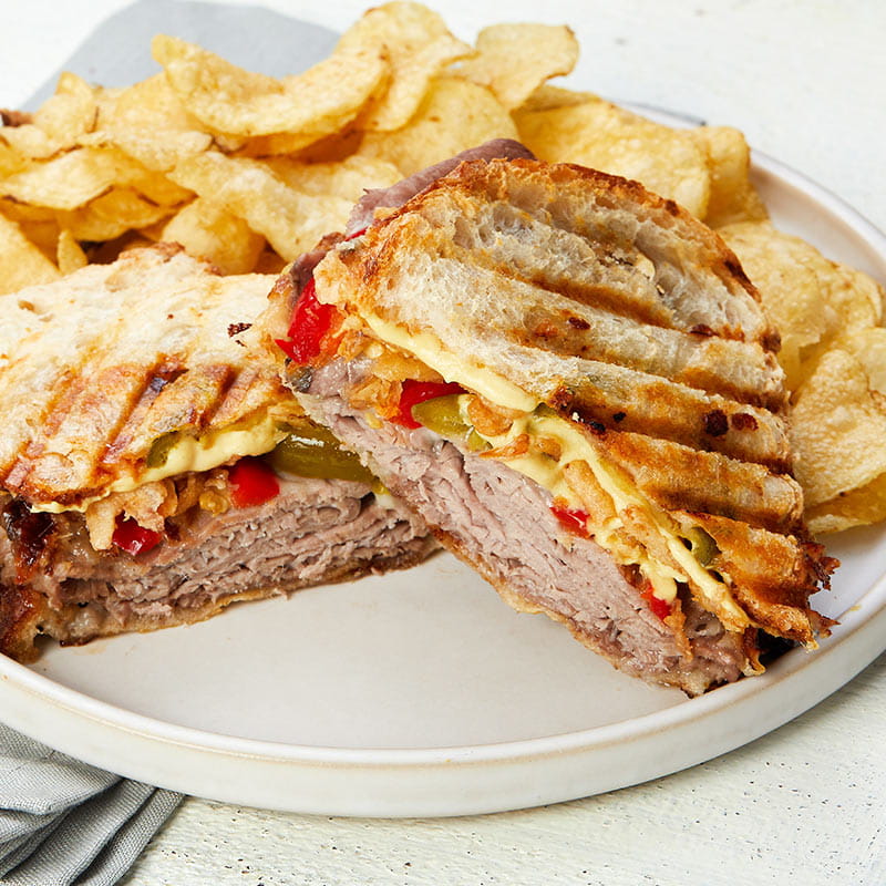 Roast Beef and Havarti Panini with Crispy Fried Onions French's